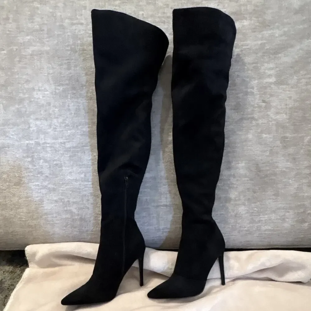 Sexy Women’s Black Suede Thigh High Pointed Toe Stiletto Zip Boots 9